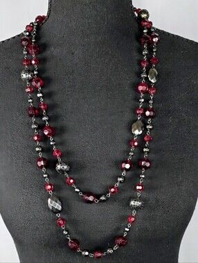 Long Layered Red & Black Beaded Necklace Faceted Statement Jewelry Boho Chic